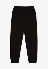 Schwarze Jogginghosen mit elastischem Bund und gerippten Bündchen, aus weichem Baumwollmaterial gefertigt, mit glatter Textur und ohne sichtbare Muster.