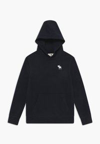 Felpa blu navy realizzata in morbido tessuto, con tasca frontale, cappuccio con coulisse e un piccolo logo di un alce ricamato sul petto.