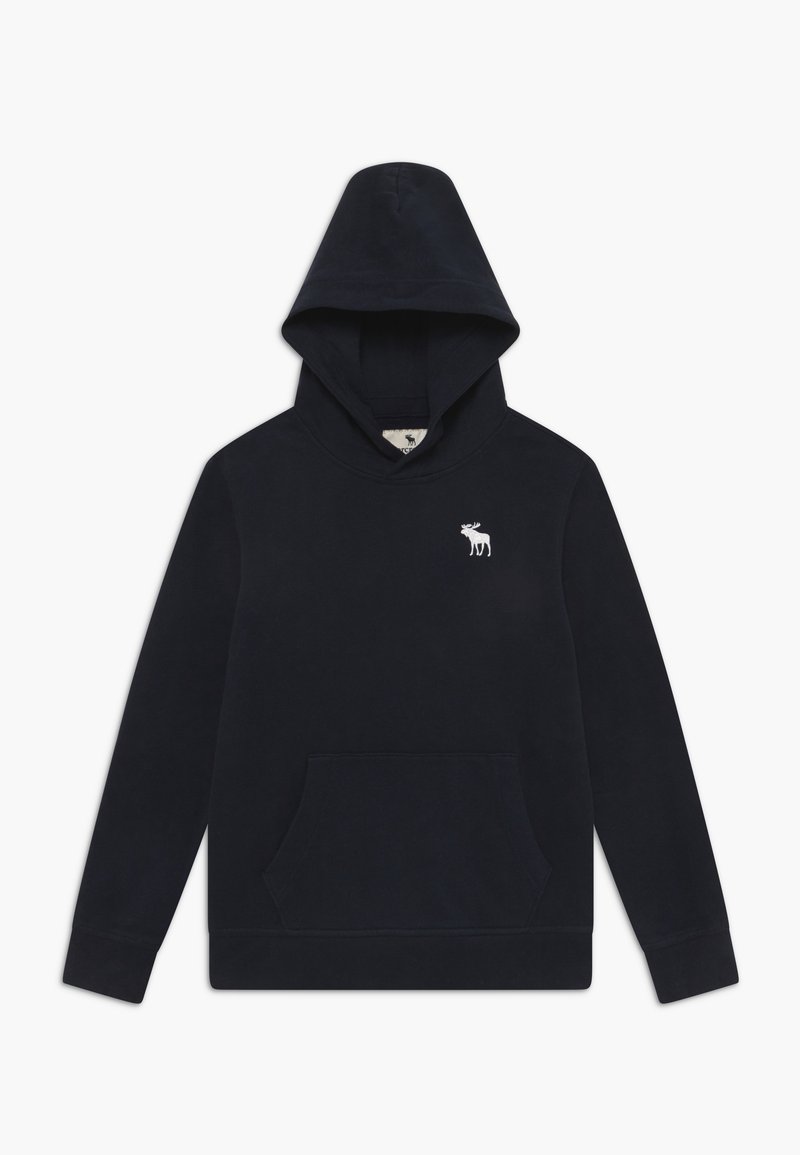 Felpa blu navy realizzata in morbido tessuto, con tasca frontale, cappuccio con coulisse e un piccolo logo di un alce ricamato sul petto.