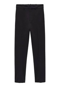 Pantalons noirs ajustés avec une texture lisse, une coupe droite et des passants de ceinture avec une fermeture à l'avant.