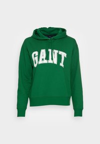 Felpa con cappuccio verde in cotone con vestibilità comoda. Presenta un logo "GANT" bianco sul davanti e coulisse per il cappuccio.