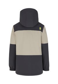 Farbblockierte Jacke mit schwarzen, beigen und dunkelgrauen Paneelen. Kapuzen-Design mit elastischen Bündchen und einem kleinen Logo auf der Schulter.