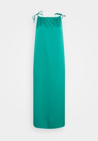 Vestido maxi sem mangas em tecido verde-azulado sólido, com alças ajustáveis, silhueta reta e uma textura suave e leve.