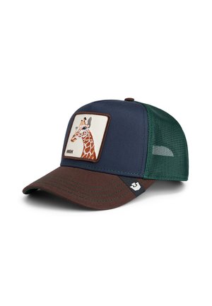 Trucker cap with navy front, brown visor, and green mesh sides. Features an embroidered giraffe patch on the front panel.