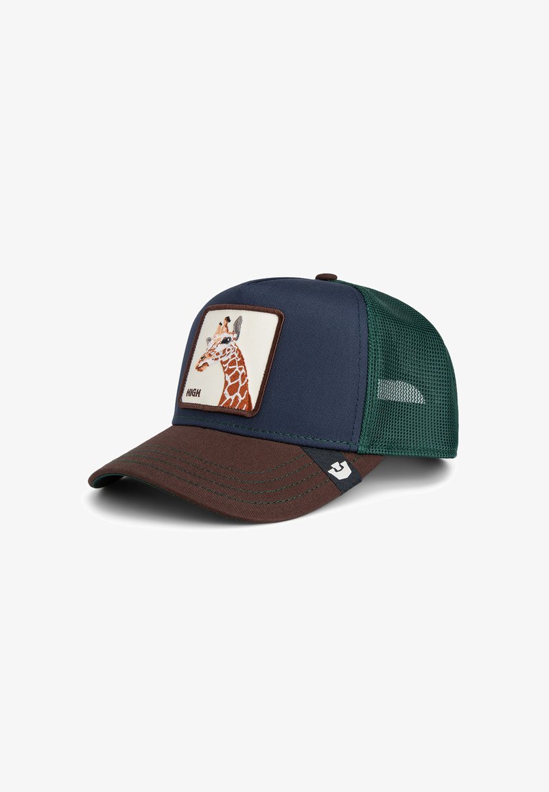 Trucker cap with navy front, brown visor, and green mesh sides. Features an embroidered giraffe patch on the front panel.