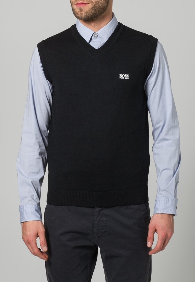 Black sleeveless sweater vest with a V-neck design, made from a smooth fabric. Features a small white logo on the left chest.