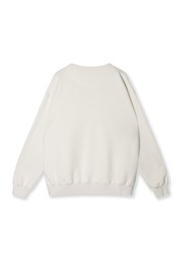 Felpa color crema con scollo tondo, maniche lunghe e polsi e orlo a coste, caratterizzata da una texture liscia e da un design minimalista.