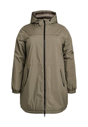 Giacca parka verde, leggera, con zip frontale, polsini elasticizzati e tasche laterali. Presenta un cappuccio staccabile e una texture liscia.