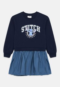 Vestido de manga longa azul-marinho com saia de denim franzida e gráfico do personagem Stitch com texto no peito.