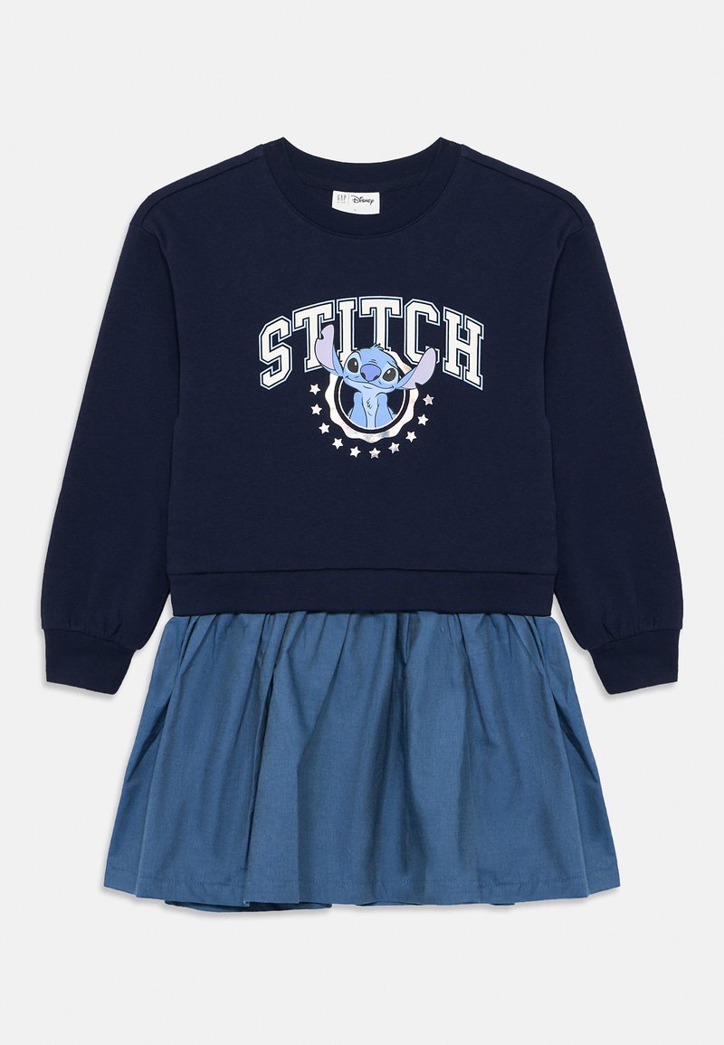 Vestido de manga longa azul-marinho com saia de denim franzida e gráfico do personagem Stitch com texto no peito.