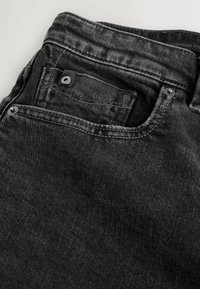Black denim jeans featuring a straight fit, classic five-pocket design, a small front pocket, and subtle stitching details.