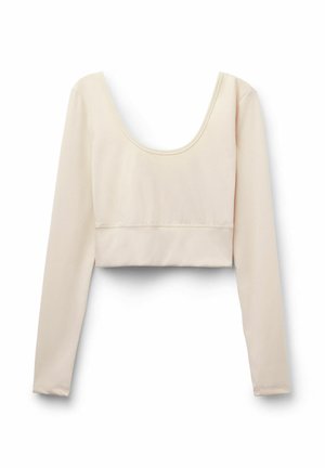 Langärmliges Crop-Top aus hellbeigem Stoff, mit einem Rundhalsausschnitt und figurnahem Design, das eine dehnbare Textur für zusätzlichen Komfort bietet.