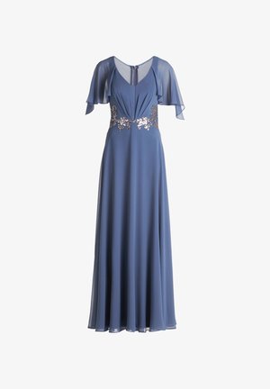 Blaue Chiffonkleid mit kurzen, flatternden Ärmeln, einem V-Ausschnitt und einem figurbetonten Oberteil, das an der Taille mit floralen Pailletten verziert ist.
