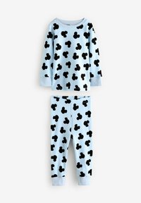 Ensemble de pyjama bleu clair comprenant un haut à manches longues et un pantalon, tous deux ornés de silhouettes noires de Mickey Mouse répétées. Tissu doux, poignets côtelés.