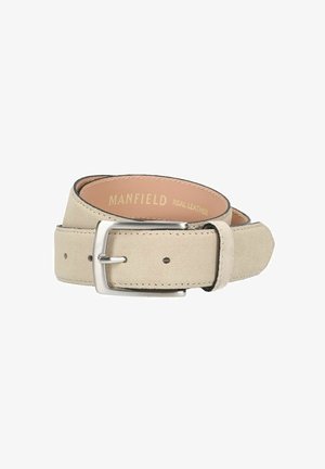 Beige suede leather belt with a silver metal buckle, featuring stitching accents and multiple holes for adjustable sizing.