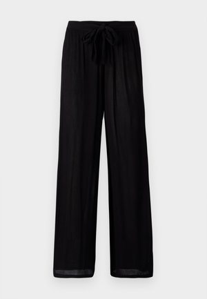 Črne široke hlače iz teksturiranega materiala, s privezanjem v pasu in sproščenim krojem. Rob spodnjega dela je nekoliko prosojen in ravne silhuete.
