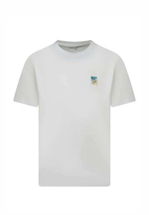 T-shirt blanc à manches courtes et col rond avec un petit motif coloré "Soleil Soleil" sur le côté gauche de la poitrine.