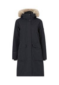 Zwarte waterdichte parka met een met bont gevoerde capuchon, drukknopen aan de voorkant, twee grote klep zakken en een lange, rechte silhout. 