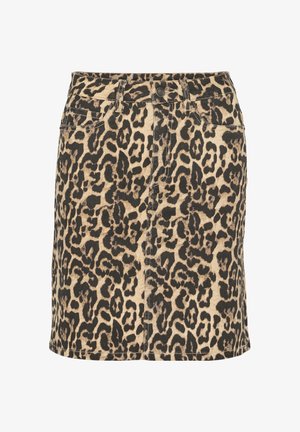 Leopárdmintás farmer szoknya, testhez álló fazonnal, elől gombos záródással, két zsebbel és nyers szegélyel. Főleg bézs, fekete foltokkal.