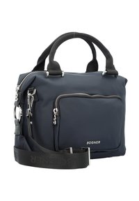 Borsa in nylon blu navy con doppi manici superiori, tracolla staccabile, hardware in argento e tasca frontale con zip. Logo del marchio in evidenza.