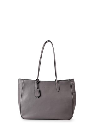 Borsa tote in pelle grigia con manici lunghi e una piccola etichetta attaccata, esposta su uno sfondo bianco.