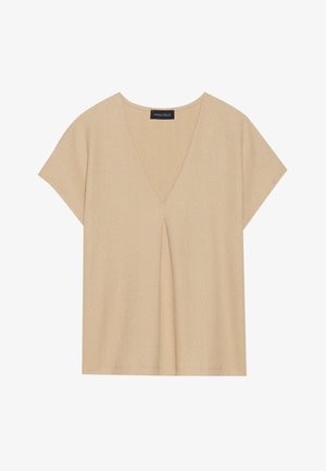 Beige topp med V-urringning och korta ärmar. Lättviktig, strukturerad tyg med centrala veckdetaljer. Enkel, avslappnad design.