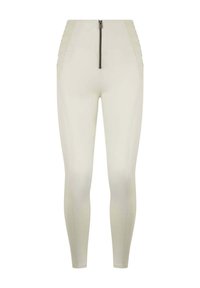 Leggings a vita alta in avorio, con zip frontale, pannelli laterali testurizzati e un design aderente con dettagli di cucitura a contrasto.
