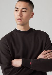 Sudadera marrón oscuro de algodón con cuello redondo, que presenta un logo sutil en el pecho y una pequeña etiqueta roja en la manga.
