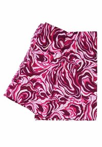 Tessuto con un motivo vorticoso in rosa, fucsia e vino con accenti metallici dorati; morbida texture e bordi sfilacciati.