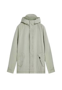 Chaqueta con capucha de un verde claro, hecha de una tela lisa, que presenta una cremallera frontal completa, dos bolsillos laterales y un diseño sencillo.