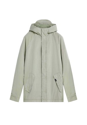 Chaqueta con capucha de un verde claro, hecha de una tela lisa, que presenta una cremallera frontal completa, dos bolsillos laterales y un diseño sencillo.