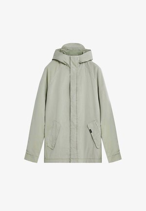 Light green hooded jacket made of smooth fabric, featuring a full front zipper, two side pockets, and a simple design.