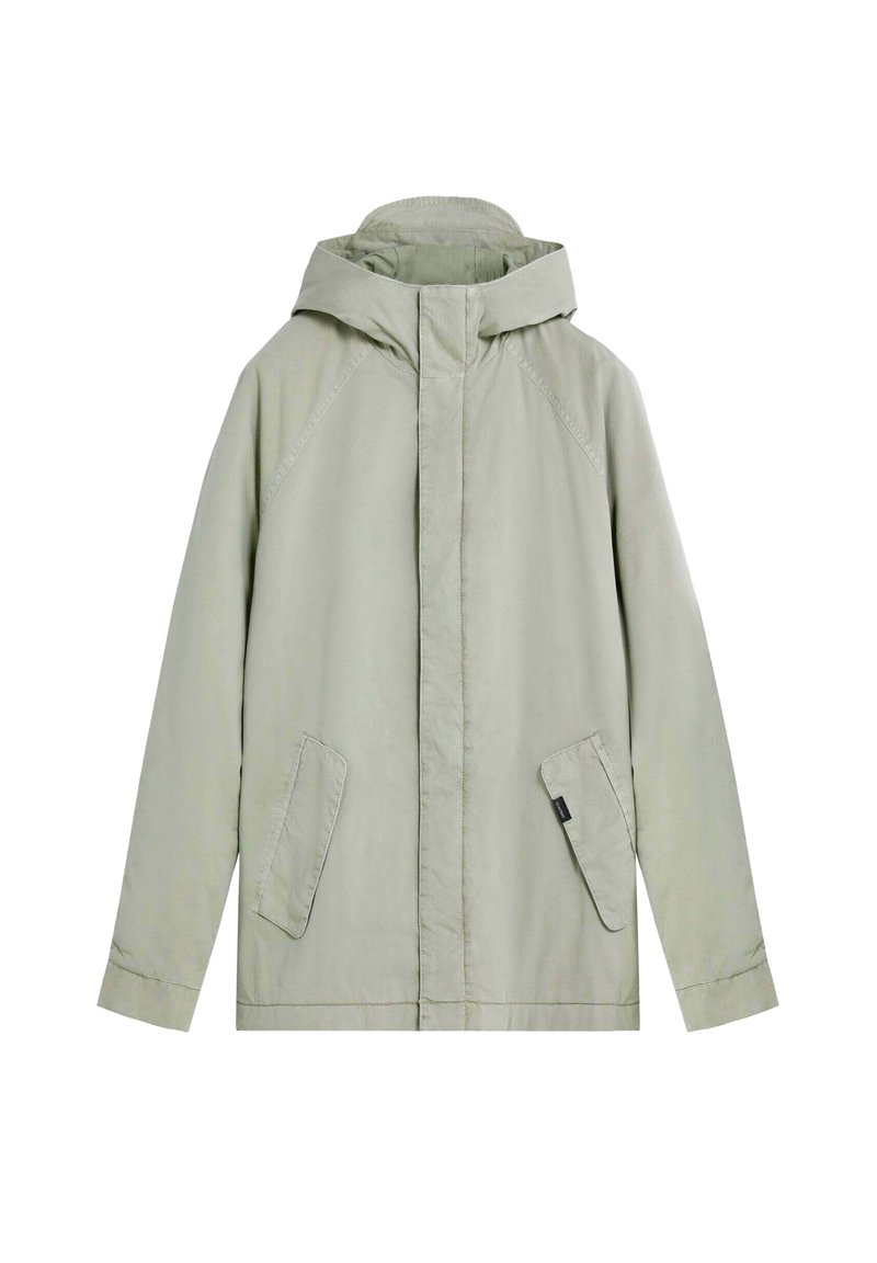Chaqueta con capucha de un verde claro, hecha de una tela lisa, que presenta una cremallera frontal completa, dos bolsillos laterales y un diseño sencillo.
