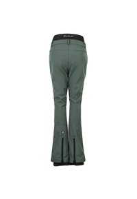 Pantaloni da sci impermeabili verdi con una forma svasata, cintura elastica e cerniere alla caviglia. Presentano una toppa con logo sul retro.