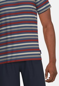 Short-sleeve striped shirt in navy, gray, and red. Features horizontal stripes, lightweight fabric, and a crew neckline.