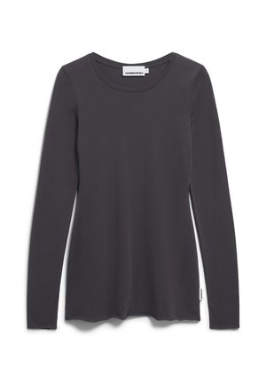 Donkergrijze longsleeve shirt, gemaakt van zachte stof. Heeft een ronde halslijn en subtiele zijsplitten aan de zoom voor extra detail.