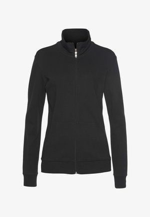 Schwarze Jacke mit Reißverschluss, die einen hohen Kragen, lange Ärmel, zwei Fronttaschen sowie gerippte Bündchen und Saum aufweist. Glatte Stofftextur.
