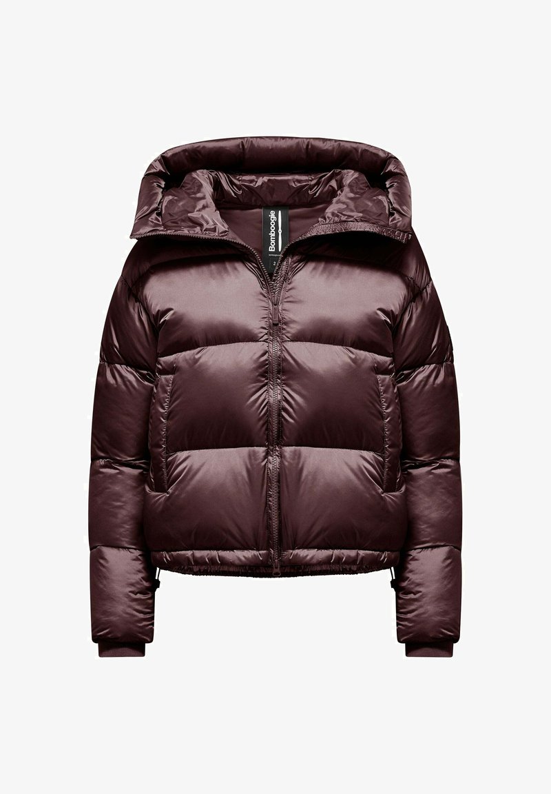 Veste matelassée brun foncé brillante avec fermeture éclair à l'avant, col montant, deux poches latérales et poignets élastiques.