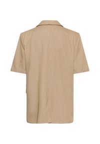 Blazer beige à manches courtes avec col, vu de dos sur fond blanc.