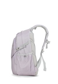 Sac à dos violet clair avec des accents en maille grise, plusieurs compartiments, bretelles ajustables et un dos rembourré pour le confort.