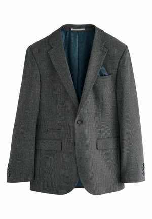 Grau gehäkelter Blazer aus strukturiertem Stoff mit einem türkisfarbenen Futter, zwei vorderen Taschen, einem Knopfverschluss und einem dekorativen Einstecktuch.