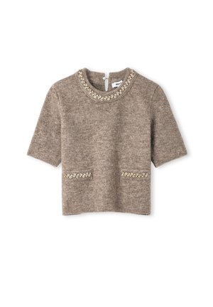 Brązowy krótki top z dzianiny z okrągłym dekoltem i koralikowymi dekoracjami kwiatowymi na kołnierzyku oraz brzegach kieszeni z przodu.