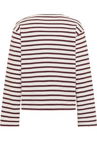 Valgetega pikkade varrukatega särk, mis on valgete ja burgundipunaste triipudega, nelinurkse kaelusega ja pehmest, kergest kangast. Lihtne ja vabaaja stiil.