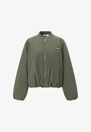 Olive green bomber jacket with a zip closure, elasticated waistband, and voluminous sleeves. Features a small logo on the left chest.
