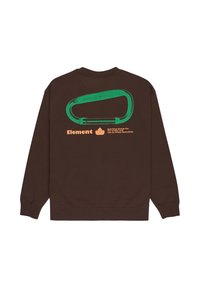 Felpa marrone con una grande grafica di un moschettone verde e testo arancione. Tessuto morbido, maniche lunghe, dettagli a costine sui polsini e sull'orlo.