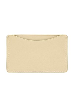 Porta carte in pelle beige dalla texture liscia, con bordo superiore curvo e cuciture bianche ai lati per un dettaglio in più.
