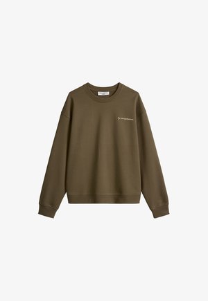 Sweat-shirt col rond vert olive avec manches longues et petit logo en script blanc sur le côté gauche de la poitrine.