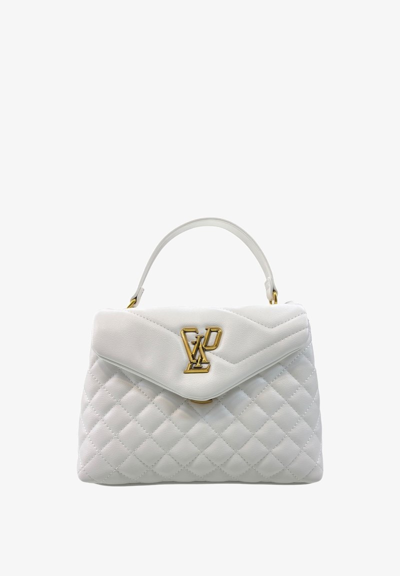 Borsa a mano in pelle bianca trapuntata con una forma strutturata, dotata di una chiusura con monogramma LV dorato e una maniglia superiore.