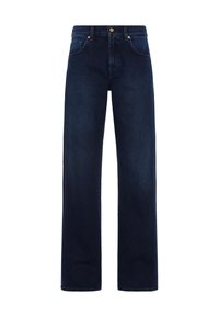 Jeans in denim blu scuro con taglio dritto, caratterizzati da un classico design a cinque tasche e una chiusura con bottone metallico in vita.