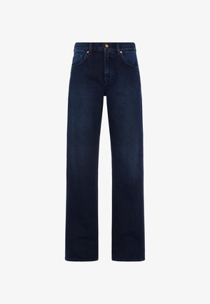 Jeans in denim blu scuro con taglio dritto, caratterizzati da un classico design a cinque tasche e una chiusura con bottone metallico in vita.